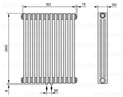 Схема (чертеж) Радиатор Zehnder Charleston 3280/12 №3470 Белый глянцевый RAL 9016